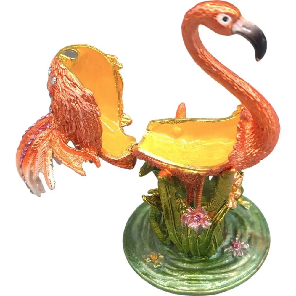 Pink Flamingo Jewelry Trinket Box Hinged Magnetic Clasp Enamel Crystal Jewels 4